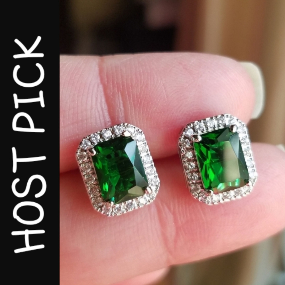 Swarovski Elements 925 Sterling Silver Emerald Green HaloEarrings NEW - Picture 1 of 14